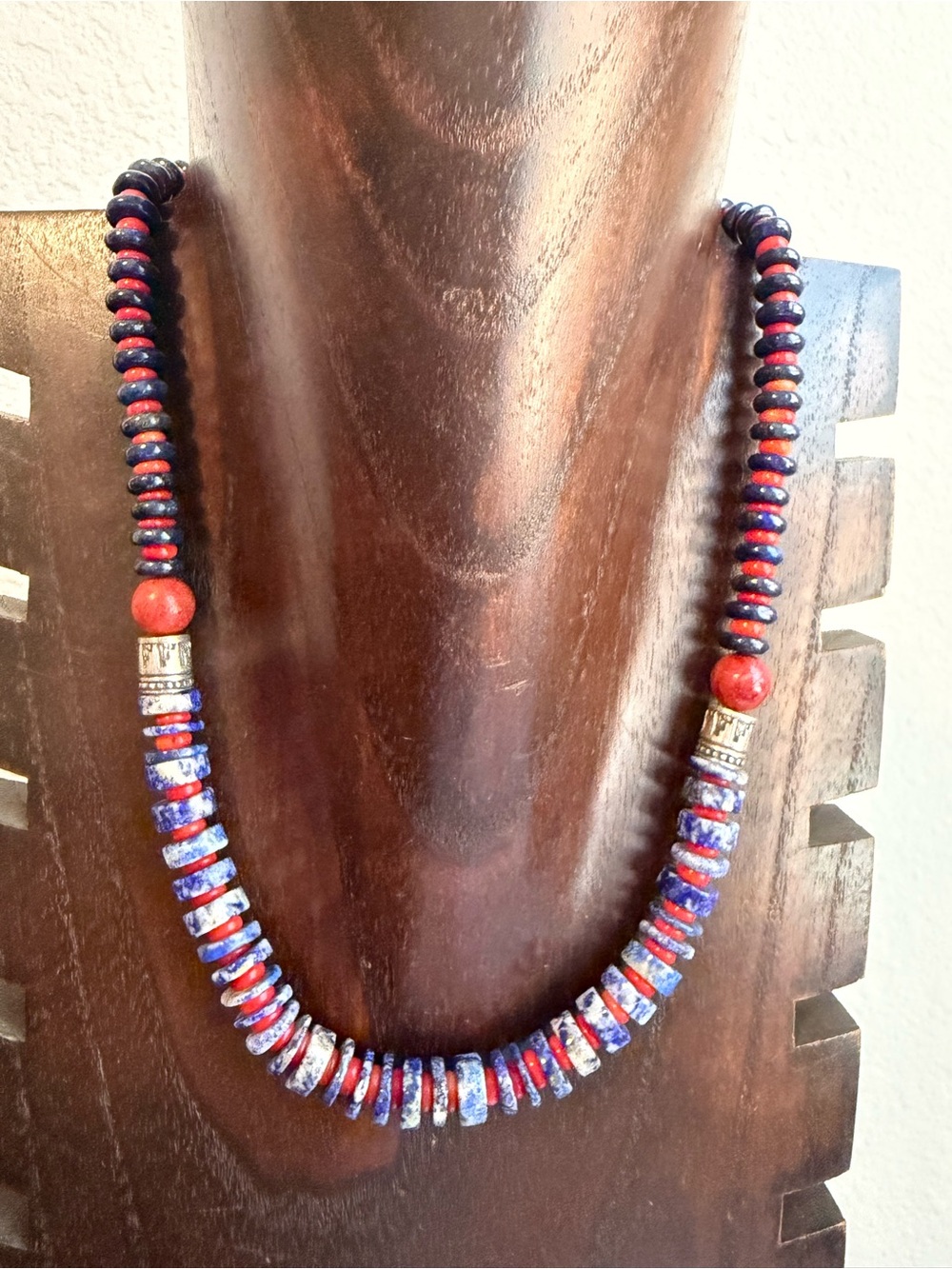 Sterling silver lapis coral bead necklace 18 inch